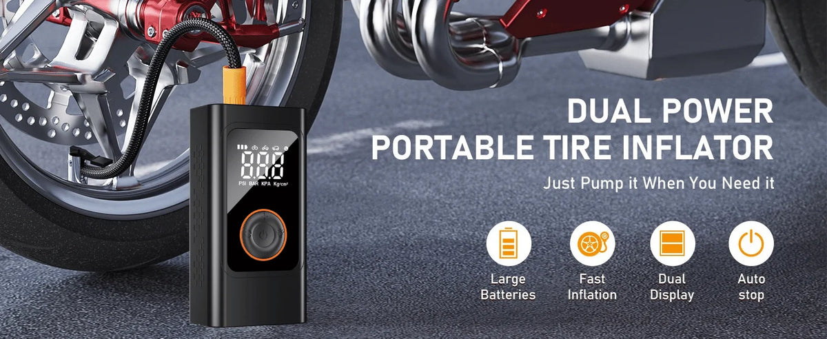 Portable Cordless Tire Inflator 150 PSI, Rechargeable Air Compressor with Digital Pressure Gauge, Fast Electric Air Pump for Car, Motorcycle, Bike and Emergency Roadside Inflation