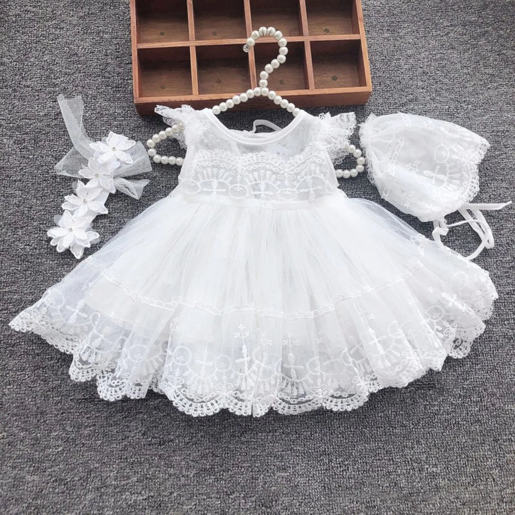 Baby Girl Lace Crochet Tulle Dress, Infant Christening and Special Occasion Ruffle Dress