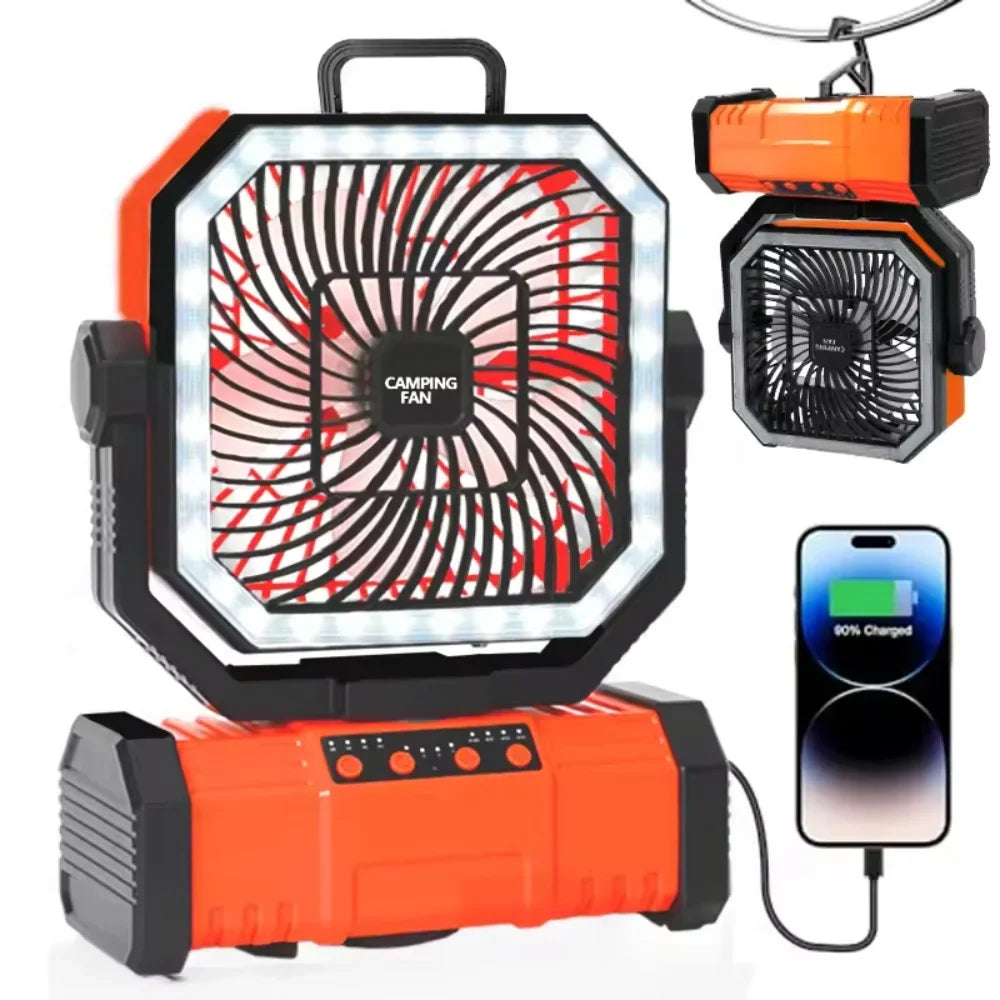 2026 New 20000mAh Battery Powered Fan Camping Fan with 360° Rotation Hanging Hook for Fishing Tents Desk Rechargeable Camping Ceiling Fan