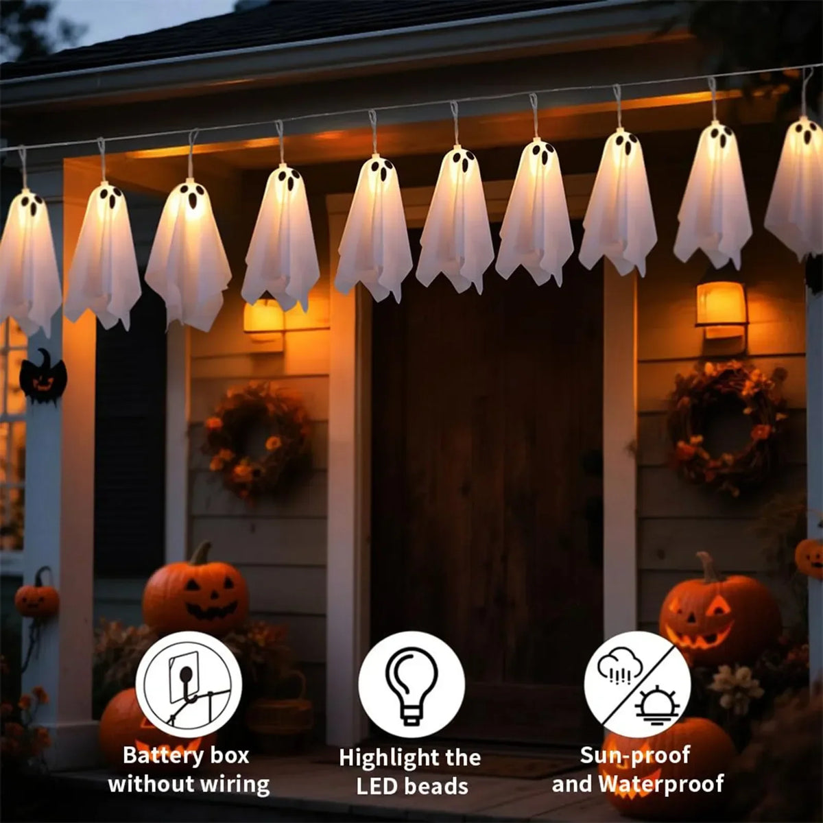 Halloween Ghost String Lights, 8 Modes Waterproof LED Garland