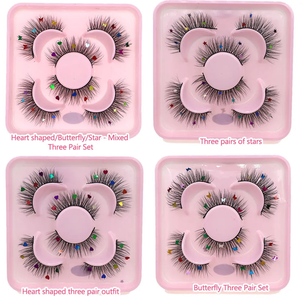 3 Pairs Set Star Butterfly Heart Shaped Sequin False Eyelashes Fairy Wand Party Halloween Christmas Colorful Sequin Eyelashes