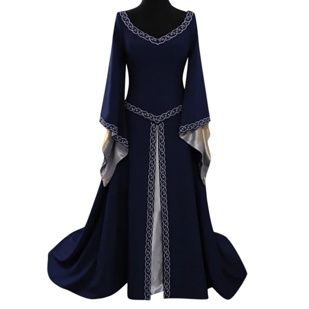 Medieval Vintage Long Dress, Flare Sleeve V Neck Floor Length Gown for Vampire Cosplay and Halloween Costumes