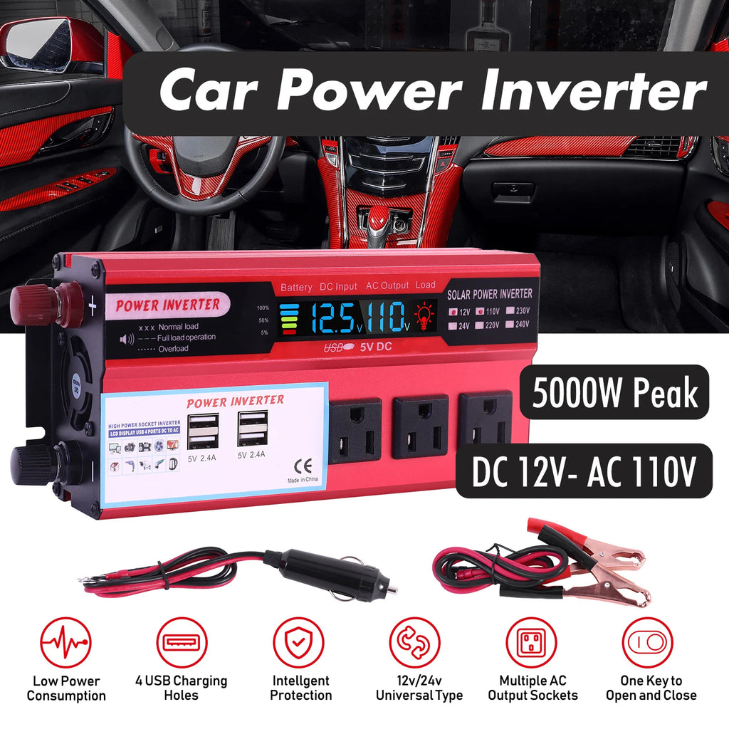 5000W Car Power Inverter DC 12V To AC 110V Converter Pure Sine Wave Fast Charging LCD LED Display Converter Charger Adapter