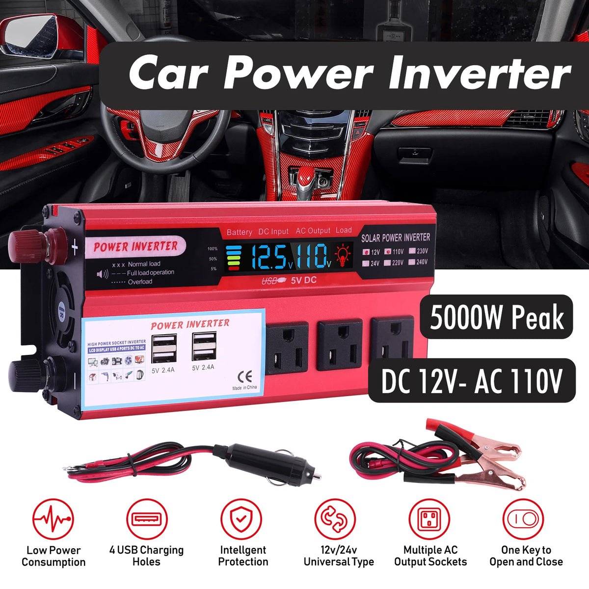 5000W Car Power Inverter DC 12V To AC 110V Converter Pure Sine Wave Fast Charging LCD LED Display Converter Charger Adapter