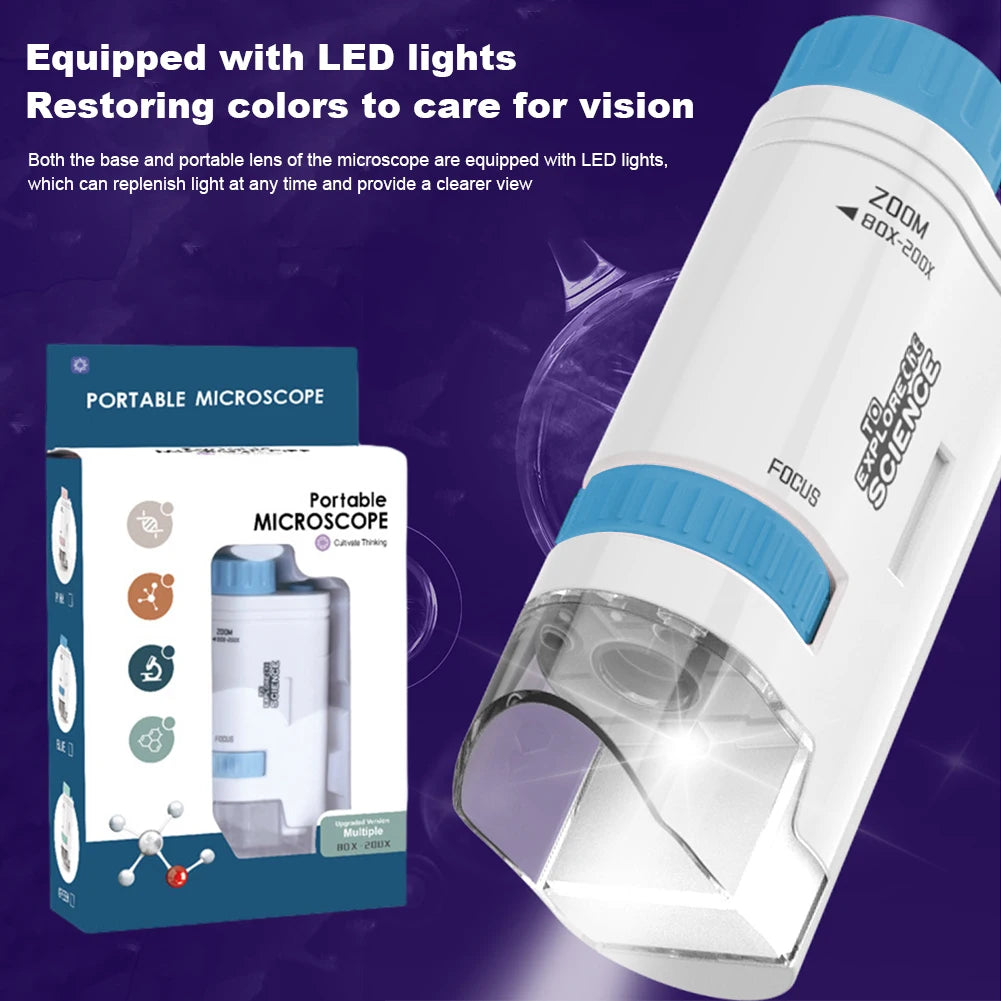 Mini Microscope Kit with LED Light Learning Science Microscope Battery Powered Portable Mini Microscope Outdoor Children Toy