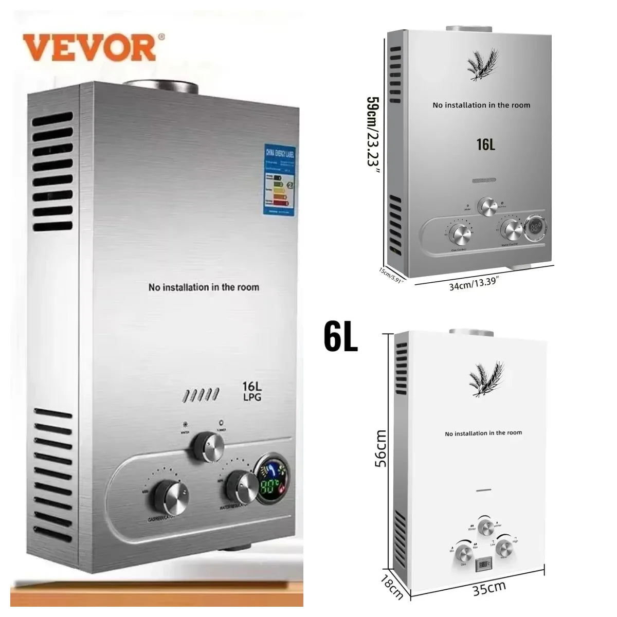 VEVOR 6L 8L 10L 12L 16L 18L LPG Portable Instand Water Heater Propane Gas LPG Wall-Mounted Tankless Water Heater Digital Display