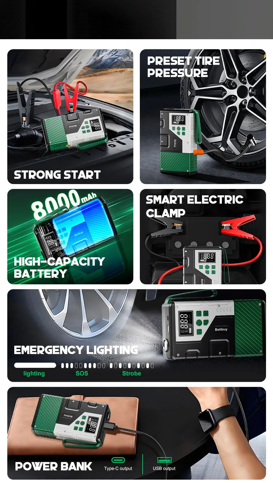 Upgraded 150PSI Portable Car Air Compressor with 7000A Emergency Jump Starter Combo Unit Ideal for Outdoor Camping Use