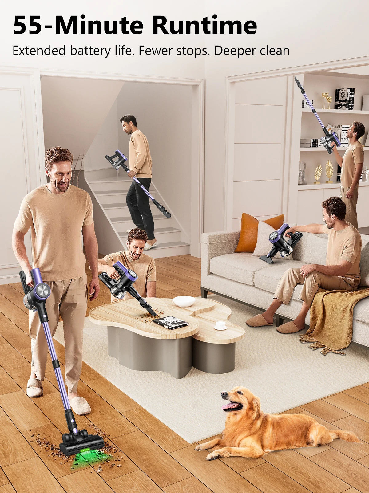 500W/55KPA Self-Standing Cordless Vacuum Cleaner,60 Mins Handheld Vacuum Cleaners,Smart LED Screen Vacuum for Rug/Fur