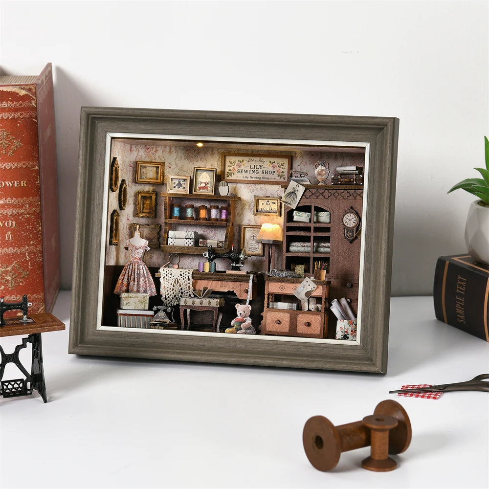 DIY Book Nook Kit, Tailor's Shop 3D Wooden Bookshelf Insert