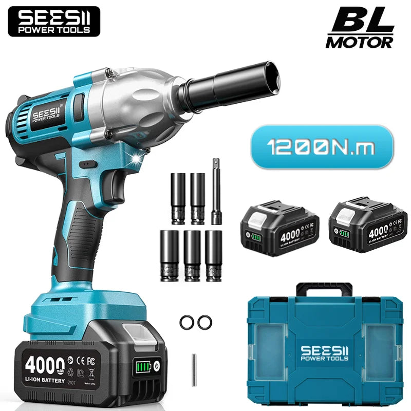 SEESII WH710 Pro 1200N.m Electric Impact Wrench Brushless 1/2" High Torque Handheld Cordless Impact Gun Tool Kit LED Light 6 Socket