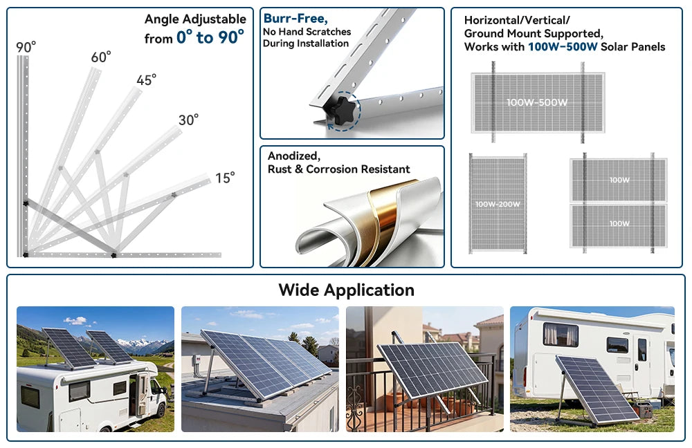 47/45 Inch Upgraded Adjustable Solar Panel Tilt Mount Bracket Foldable Tilt Legs Stand Supports 100‑500W Solar Panels 1/2/4 Pack for Roof RV Boat