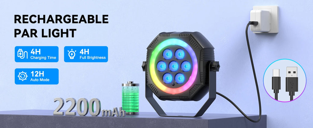 U'King 1/2/4Pcs Mini 7-LED RGB Rechargeable Par Lights With Light Strip Effect Par Can Stage Lights For Wedding DJ Party KTV Bar