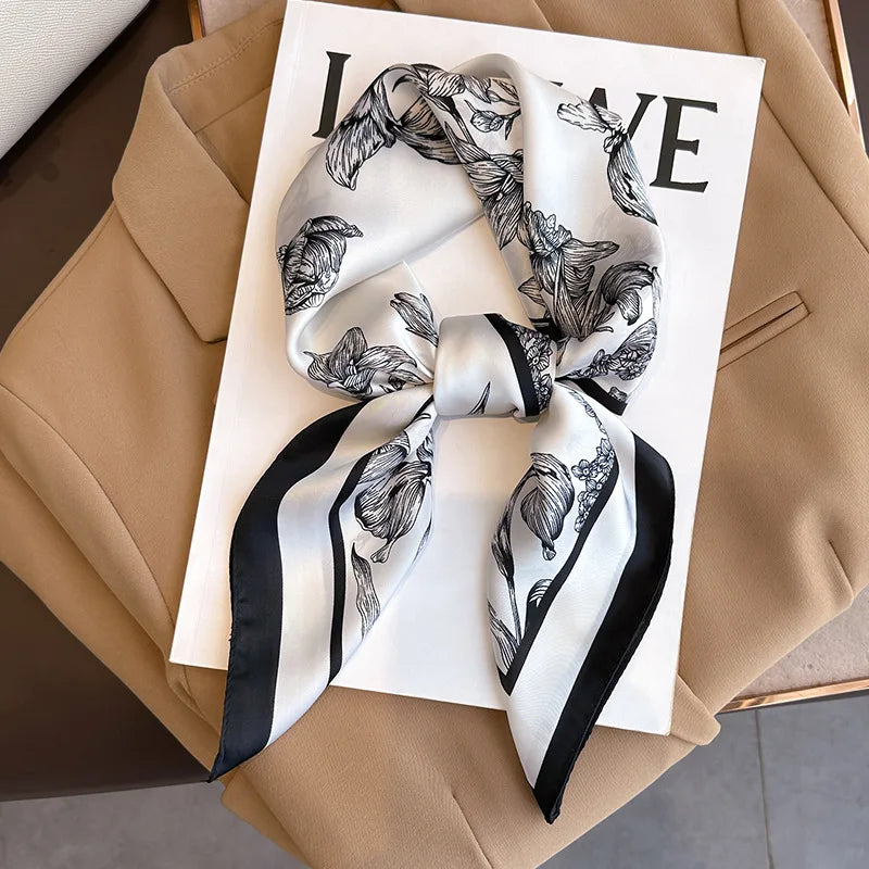 Luxury Floral Print Satin Square Scarf 27 inch, Hairband, Bag Ribbon and Neckerchief