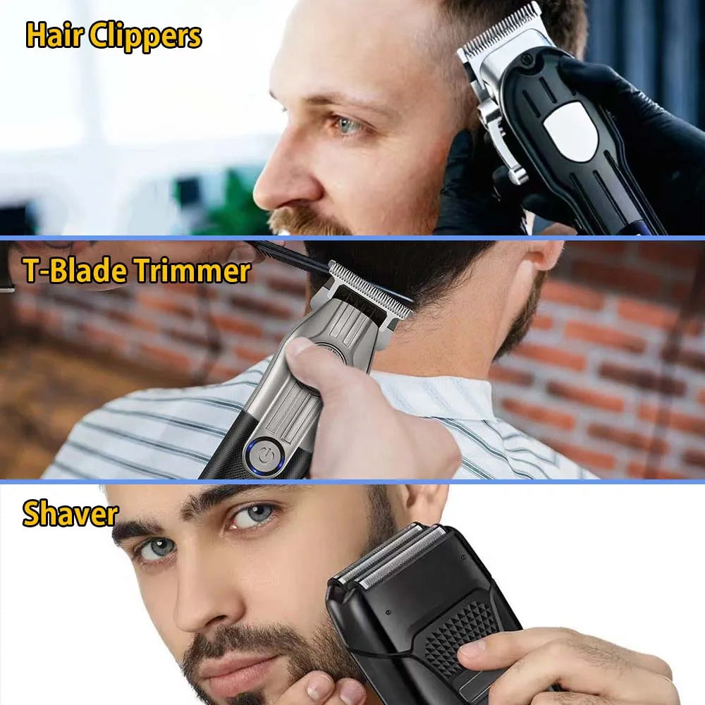 Professional Hair Clipper Set for Men, Cordless Haircut Kit with LED Display, 3-in-1/2-in-1/1pc Rechargeable Hair Clipper & T-Blade Trimmer & Electric Shaver, Barber Zero-Gapped Detailer, DIY Grooming Tools with Scissors, Com