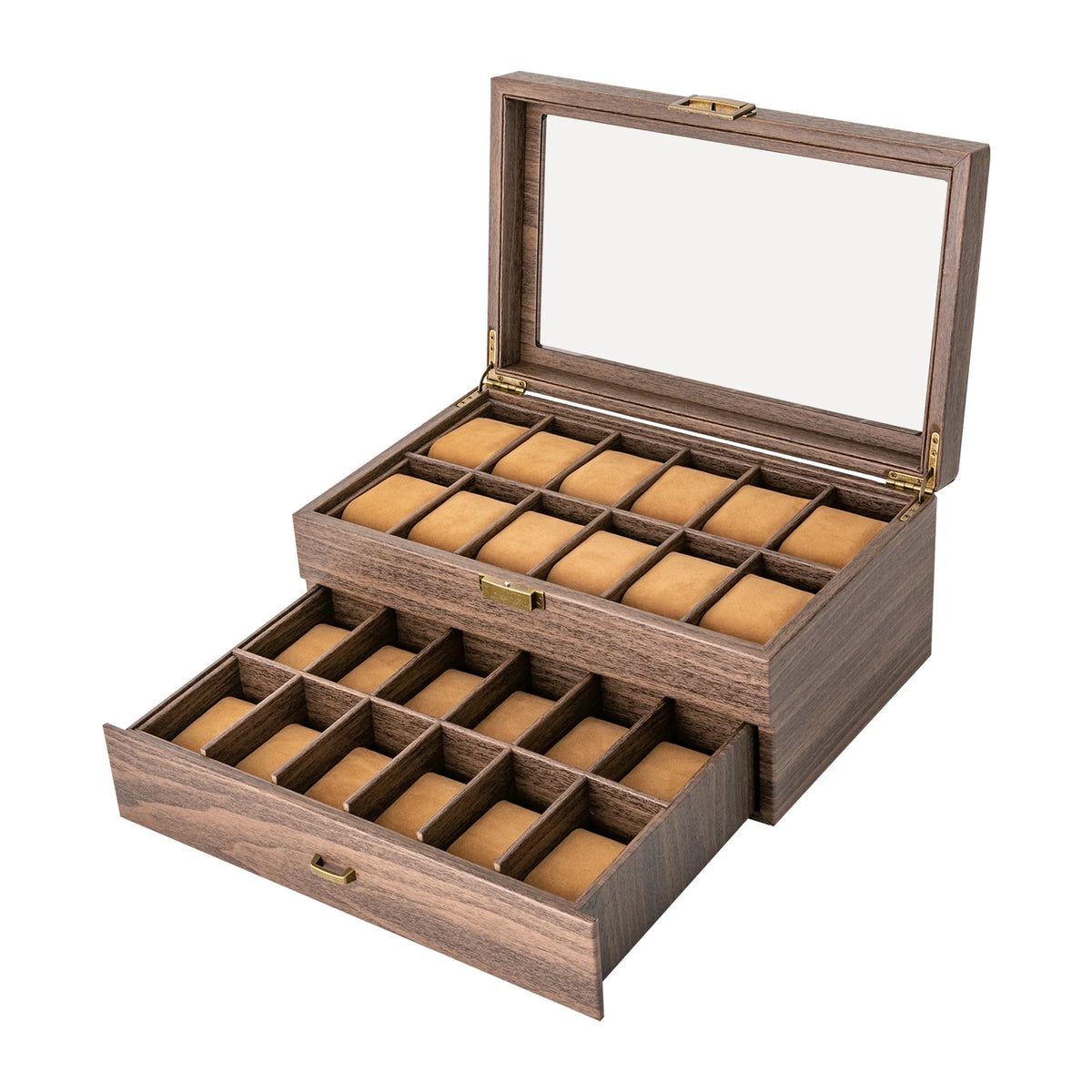 24-Bit Watch Box, 2-Tier Rustic Brown Watch Display Case with Glass Window, Tabletop Jewelry Storage Organizer for Men & Women