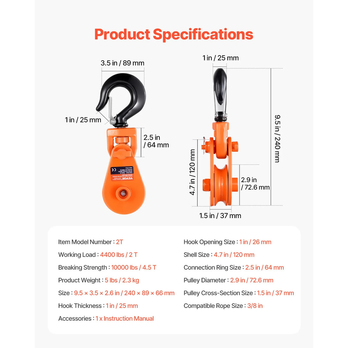 SucceBuy 2T Snatch Block Pulley with Swivel Hook Lifting Offroad Recovery for Towing Operation on Truck Rollback Wrecker Car