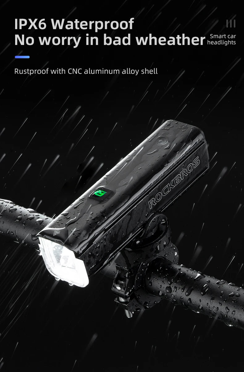 ROCKBROS Bike Light 1500LM 5000mAh Bicycle Lights IPX6 Aluminum Type-C Rechargeable Smart Brightness Sense Adjust Cycling Lamp