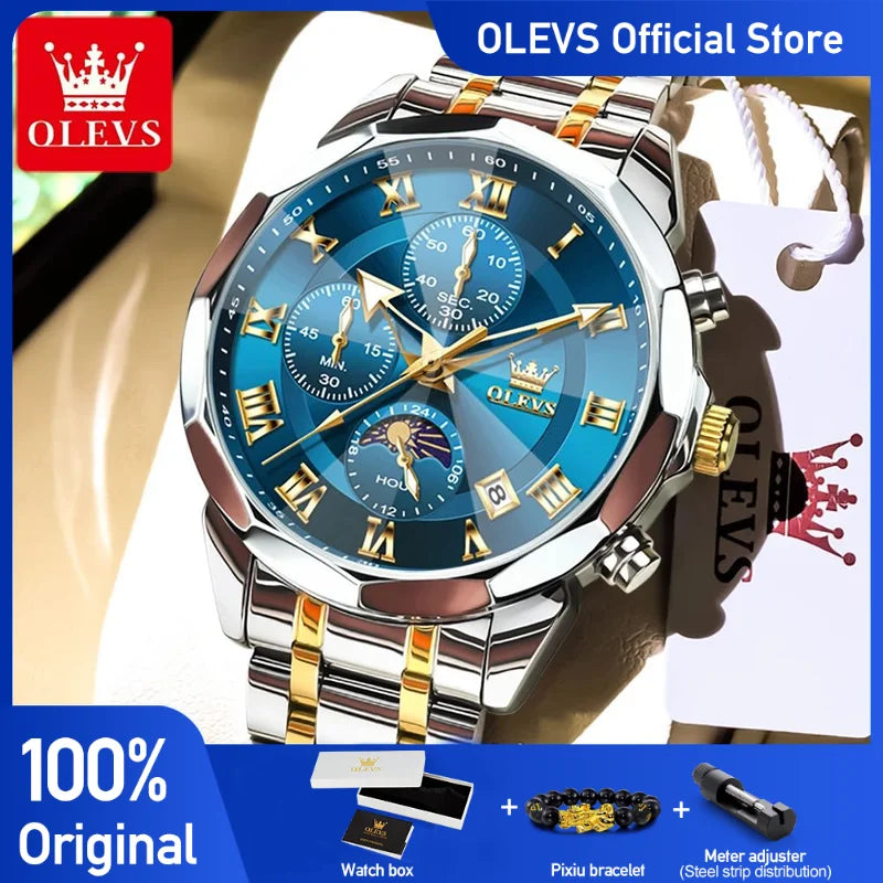 OLEVS Men's Chronograph Watch with Moon Phase, Waterproof Multifunction Quartz Wristwatch