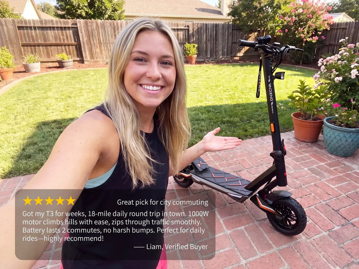 ONECNA T3 1000W Motor Electric Scooter for Adults, 30mph Top Speed, 40Miles Long Range, Lightweight Foldable Frame, Dual Suspension, 10 Inch Fat Tires E-Scooter