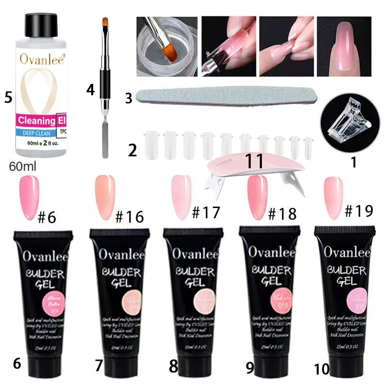 Ovanlee 18-Piece All-in-One Nail Builder Gel Kit – 12 Colors 15ml Polygel with Mini UV/LED Lamp, Cleaning Fluid, Nail Tips & Tools – Form-Free DIY Manicure Extension & Strengthening Set
