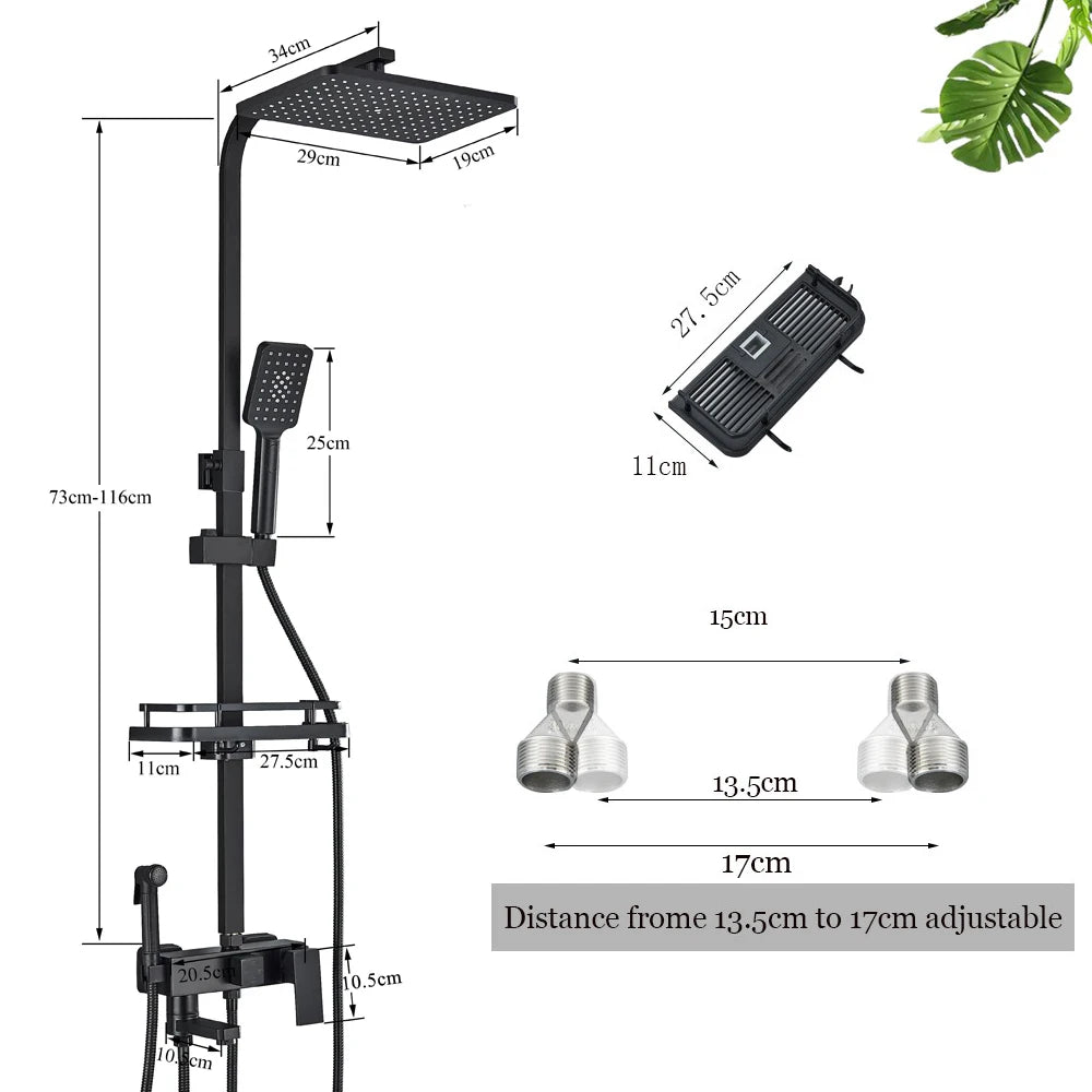 Rainfall Shower Faucet Set with Bathroom Shelf, Height-Adjustable Brass Bathtub Mixer
