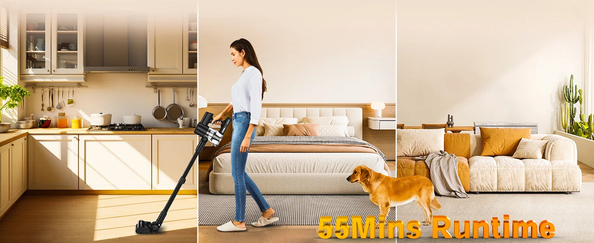 Cordless Vacuum Cleaner, 55Kpa/55min Self-Standing Powerful Stick Lightweight Vacuum Cleaner for Home Fur/Hard Floor/Rug