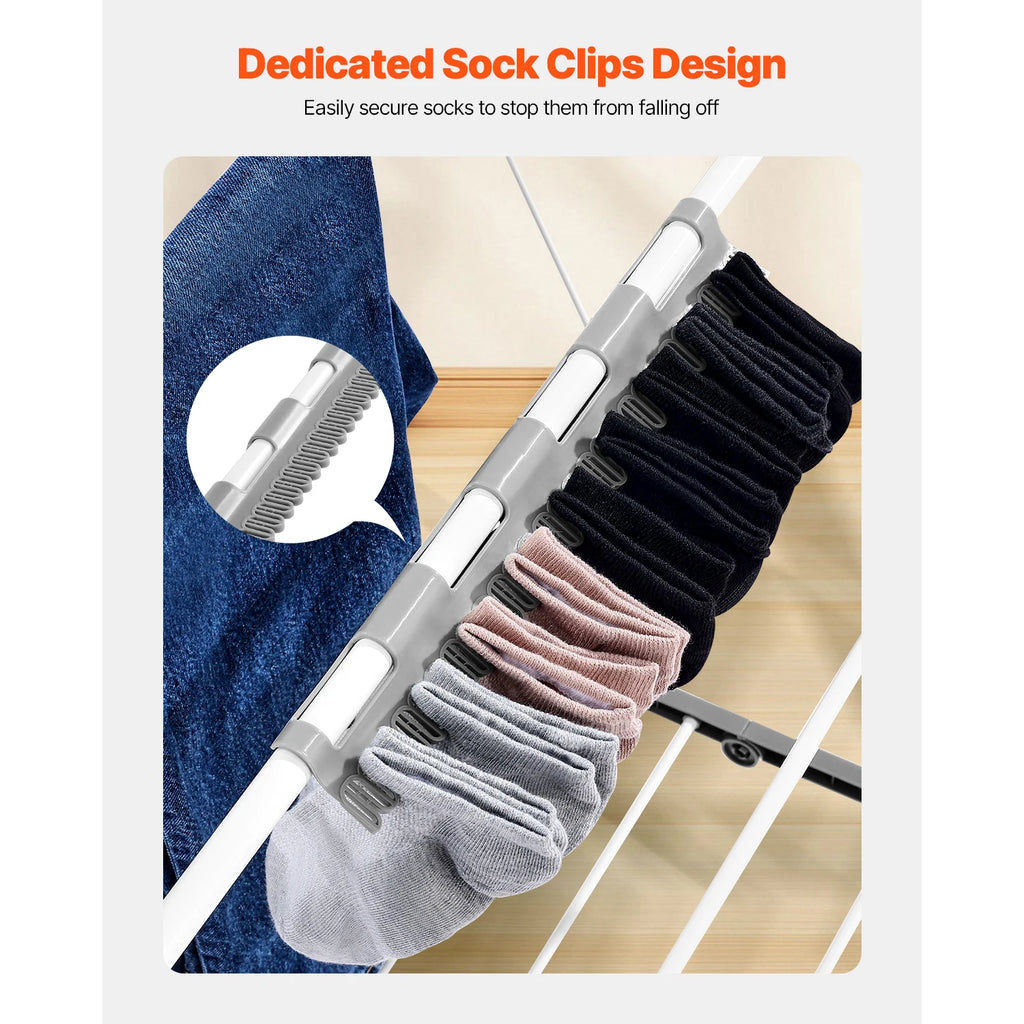 Foldable Metal Clothes Drying Rack with Sock Clips, Height Adjustable