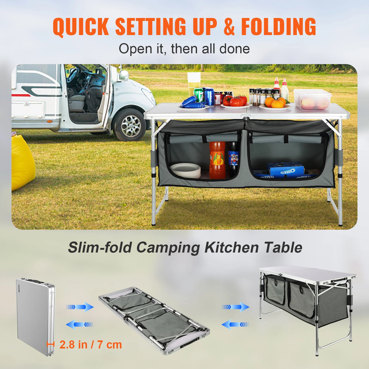 Folding Camping Kitchen Table, Quick Set-Up Outdoor Table for Picnics and BBQ