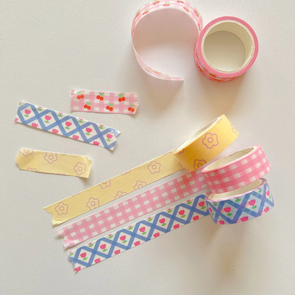 Decorative Washi Tape, Pink Cherry Grid Floral Masking Tape, Cute DIY Scrapbooking Journal Tape, Kawaii Planner Stationery Gift for Girls Women