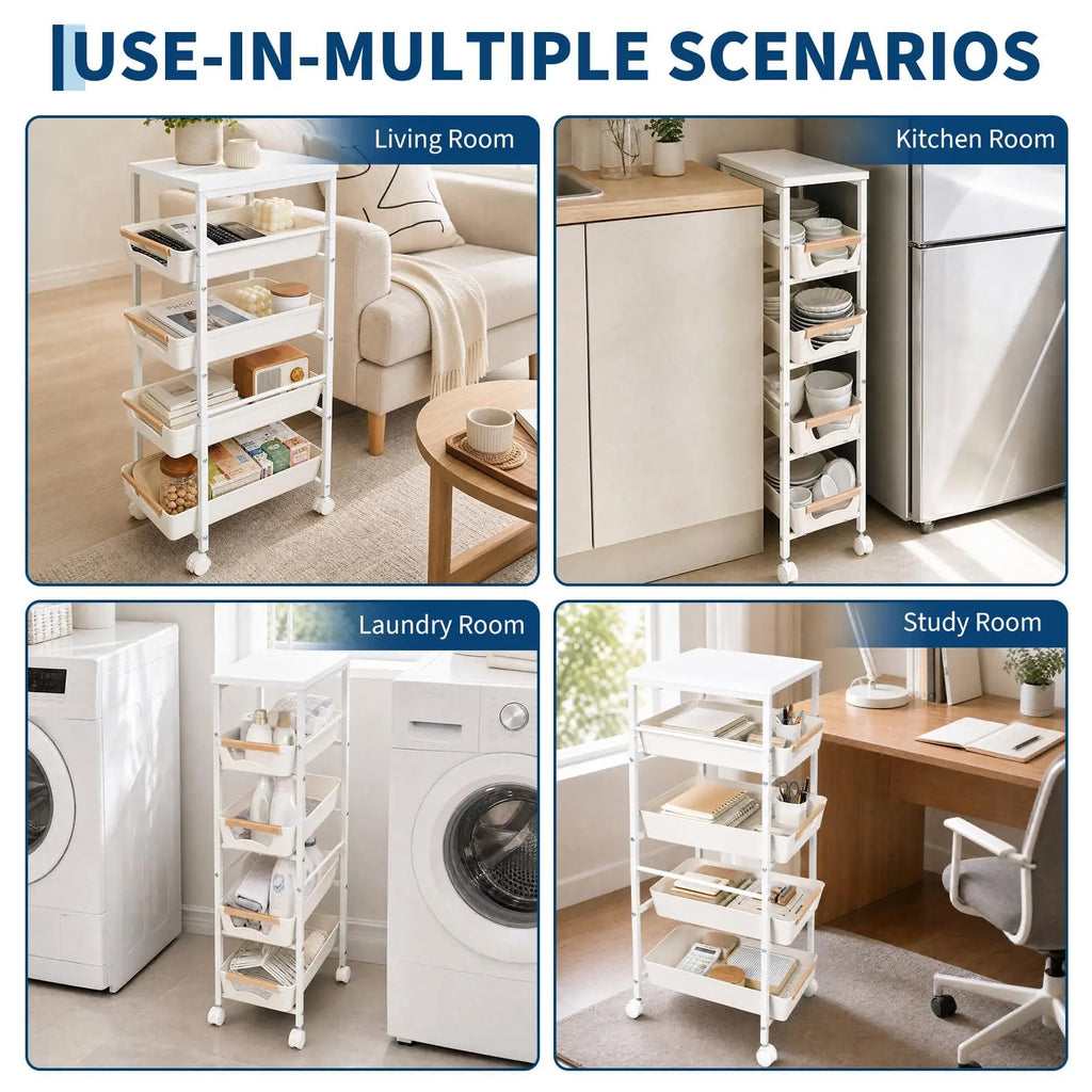 5-Tier Rolling Kitchen Storage Cart with Pull-Out Basket