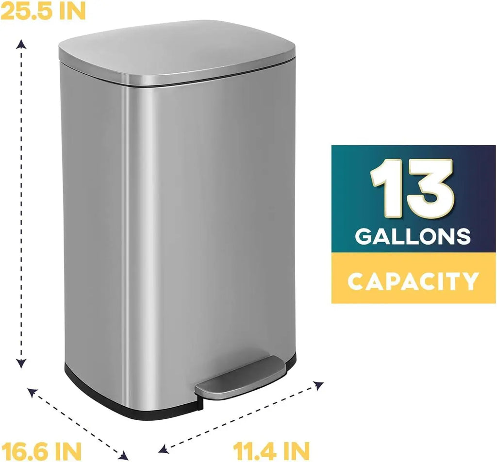 13 Gallon 50L Kitchen Step Trash Can with Lid Fingerprint-Proof Brushed Stainless Steel Garbage Bin for Office Bedroom Bathroom