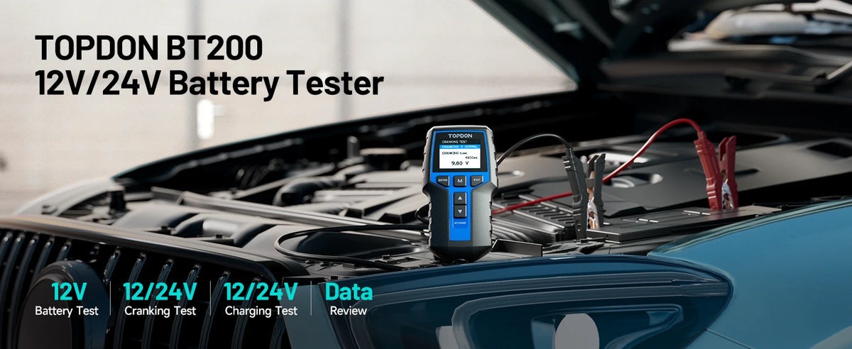 TOPDON BT200 Car Battery Tester, 12V/24V, 100-2000 CCA Load Tester | Battery and Alternator Tester for Cranking and Charging Systems, Auto Battery Analyzer for Cars, Trucks, SUVs, ATVs and Boats