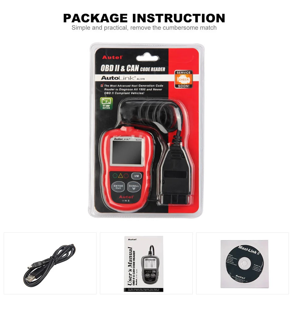 AUTEL AL319 OBD2 Code Reader CAN Auto Car Scanner Automotive Diagnostic Tool for OBDII System Basic OBD 2 Functions
