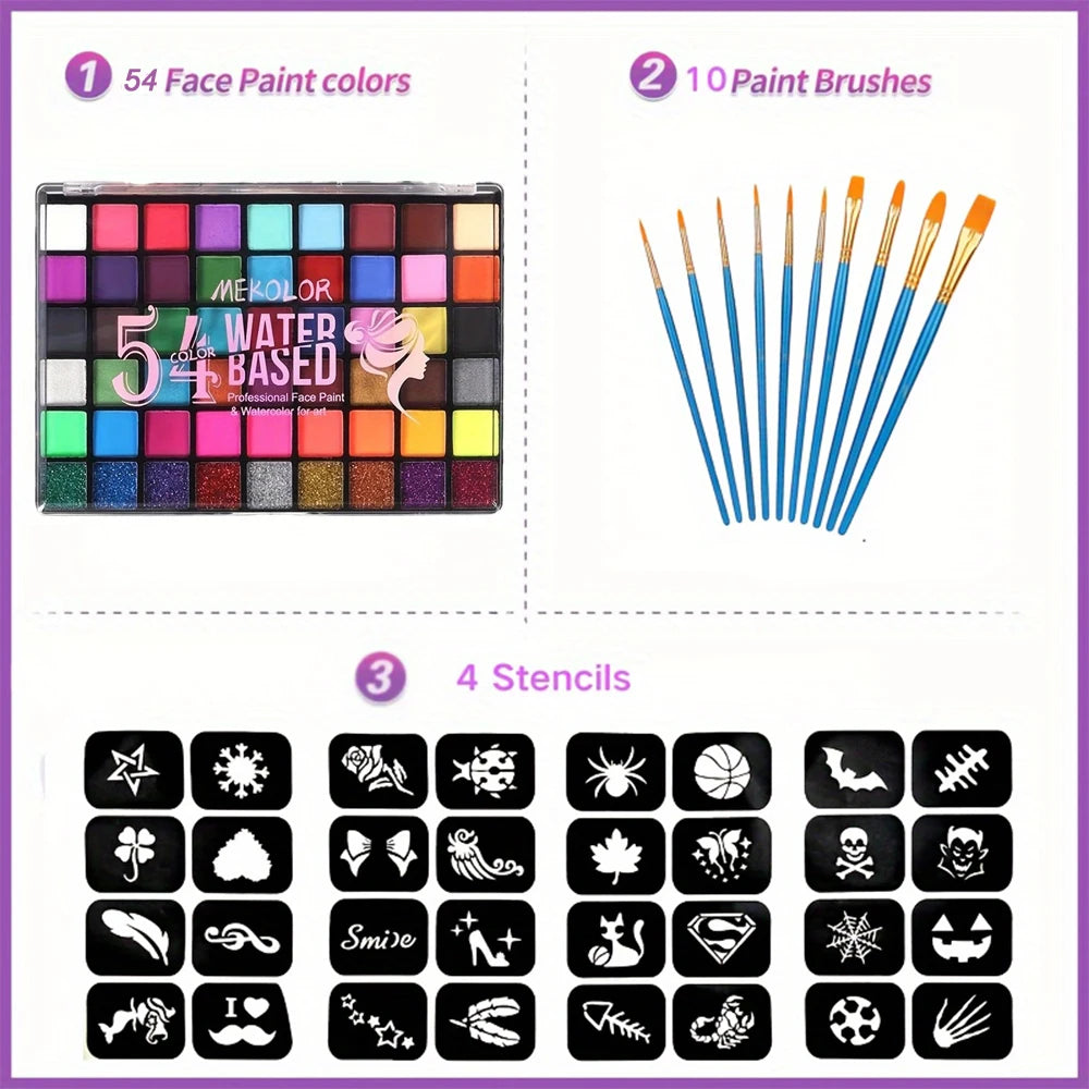 54-Color Glow Fluorescent Neon Water-Soluble Face Body Paint Set for Children and Adults,Perfect for Halloween and Christmas