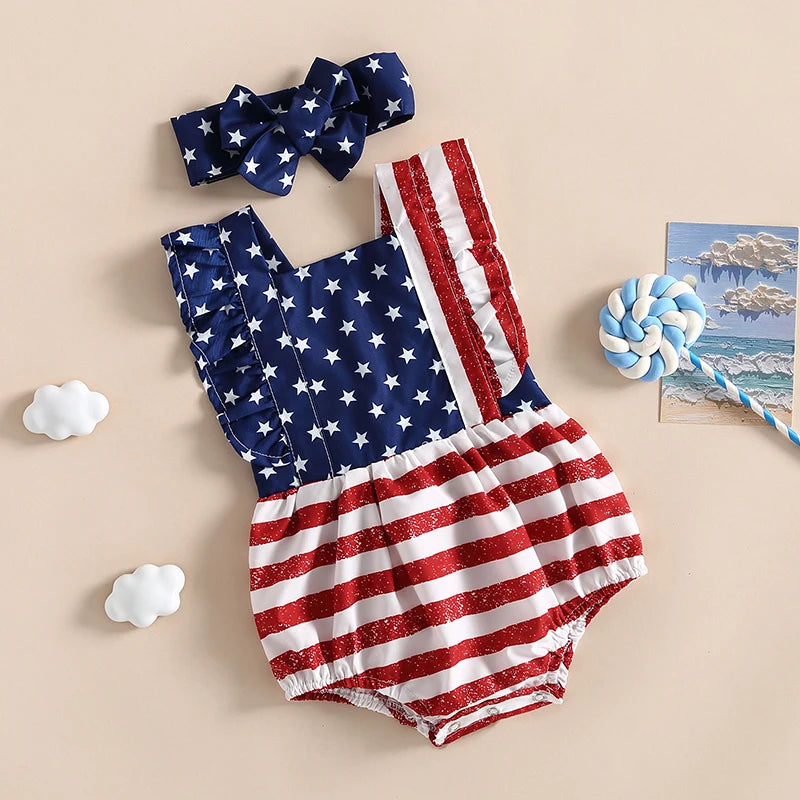 Infant Baby Girl Patriotic Ruffle Bodysuit and Headband Set, Sleeveless Summer Outfit