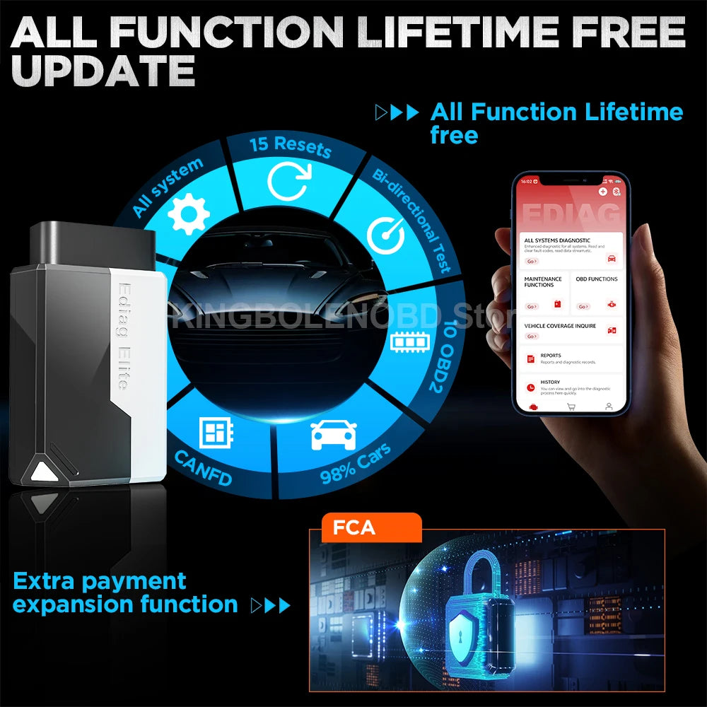[Lifetime Free] KINGBOLEN Ediag Elite All System Car Diagnostic Tool 15 Reset CANFD Active Test OBD Scanner for iOS Android