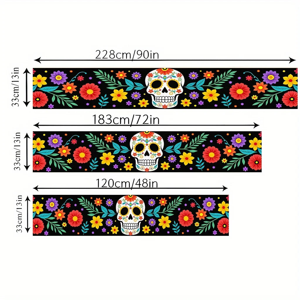 Halloween Day of the Dead Marigold Sugar Skull Linen Table Runner