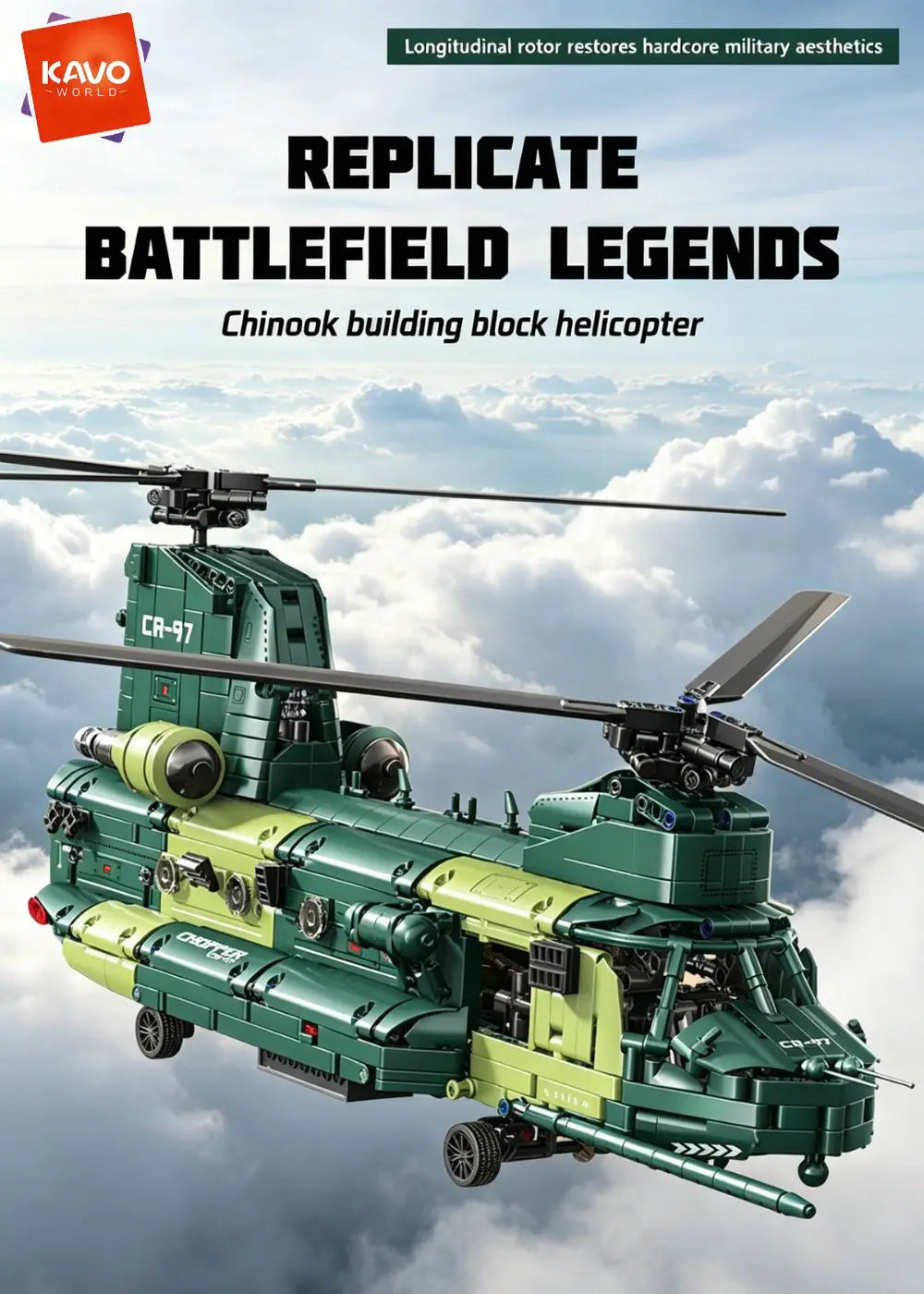 KAVOWORLD 1826PCS Chinook Tandem Rotor Military Transport Helicopter Building Blocks Model Aircraft Bricks Toys Kit Ideal Gift for Military Fans Movable Rotors Gear Linkage Opening Cargo Door Home Desk Display Christmas Birth