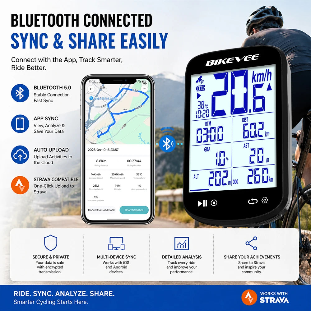 BIKEVEE Newest Sunlight-Readable 2.6" LCD Multiple Data Display GPS Bluetooth Wireless Bicycle Computer Multifunctional Rechargeable Bike Speedometer Odometer Stopwatch Tracker Connect with Auto Start/Stop Backlight Bike Acce