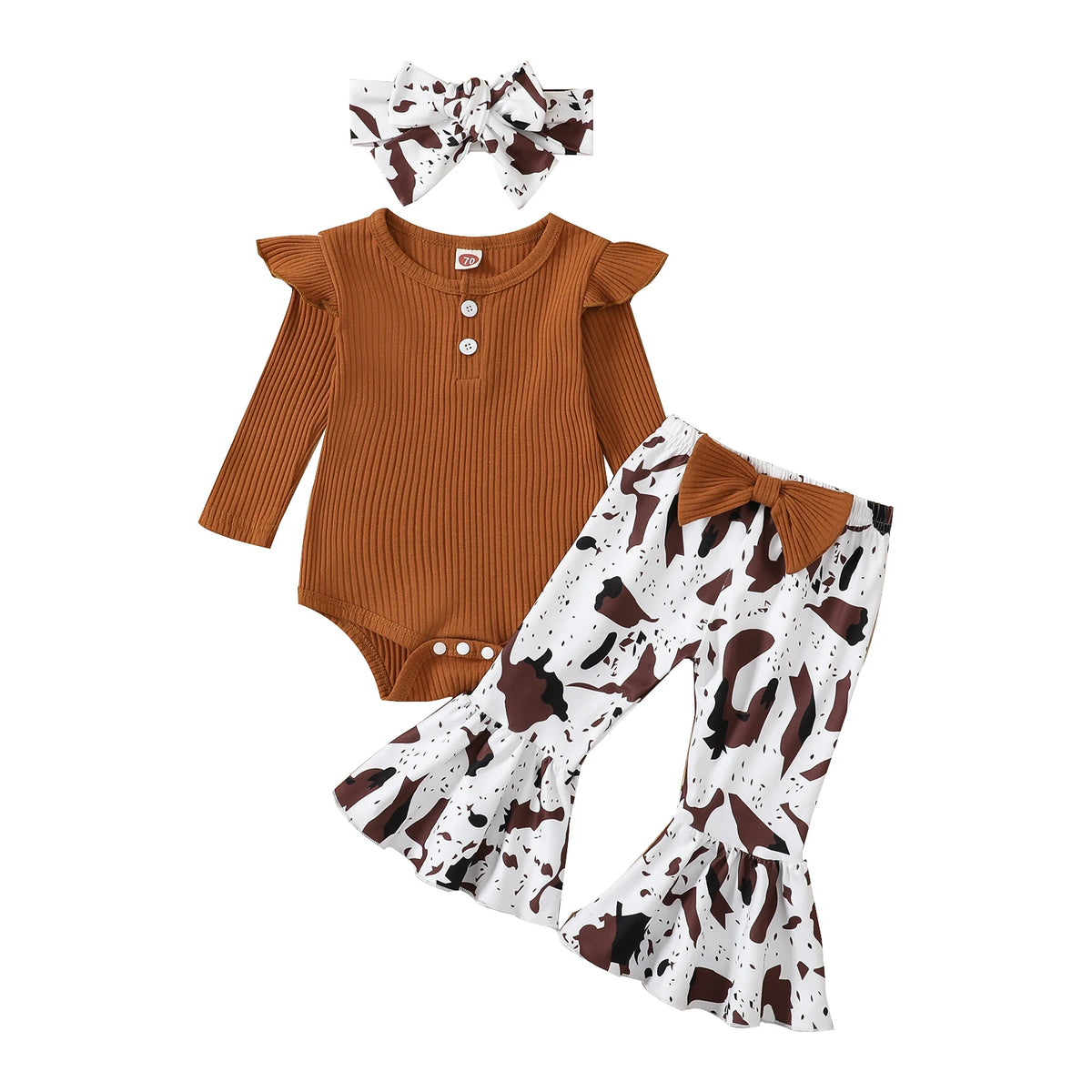 Infant Baby Girl Ribbed Fly Sleeve Romper with Leopard Flare Pants Outfit
