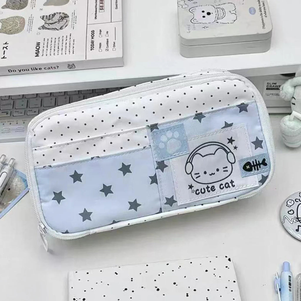 Cute Cat Polka Dot Pencil Case, Large Capacity Multi-Layer Pen Bag for School