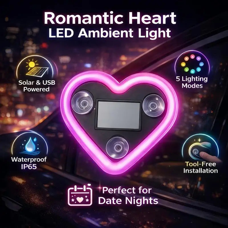 Heart-Shaped Car Ambient Neon Light, Solar and USB-C Rechargeable with Suction Mount