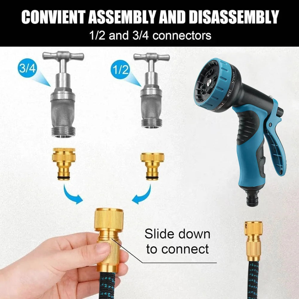 Expandable Retractable Flexible Garden Water Hose With 8 Spray Modes Nozzle Heavy Duty Leak Free Brass Fitting Collapsible Stretch Water Pipe For