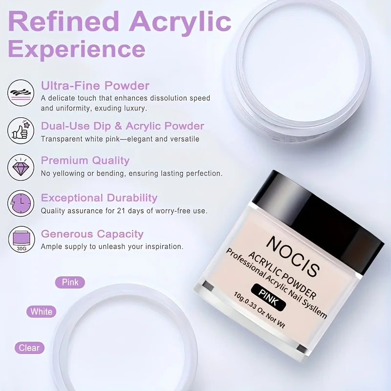 NOCIS Professional Acrylic Nail Kit with Clear, White and Pink Powder, Liquid and Tools