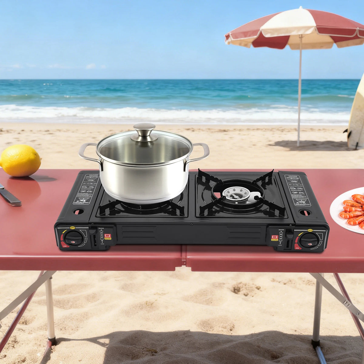 Portable 2-Burner Camping Stove 2.5kW with Auto Ignition, Baking Tray and Carry Case