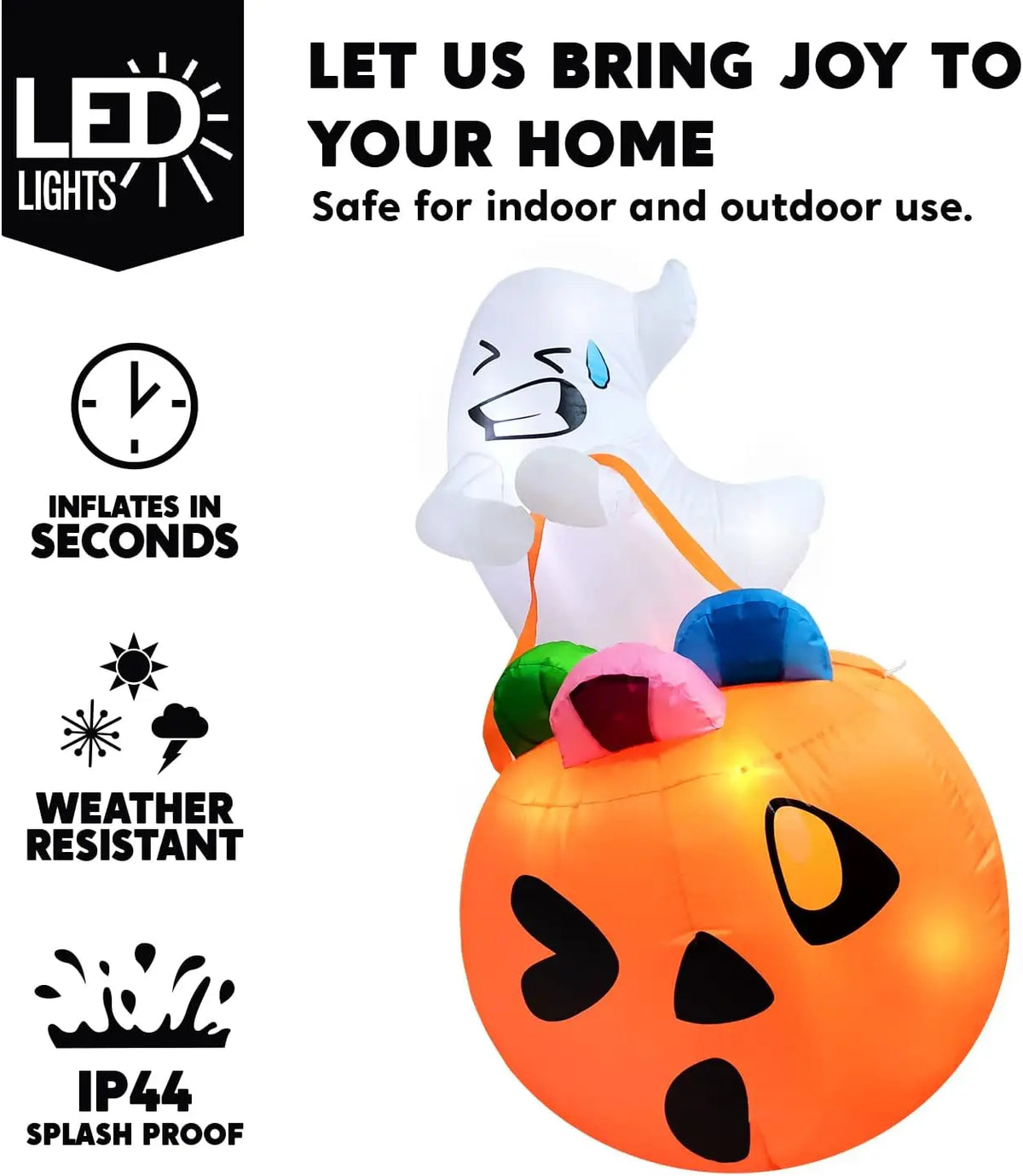 Halloween 5 ft Inflatable Ghost with Pumpkin Candy Bag, Built-In LEDs