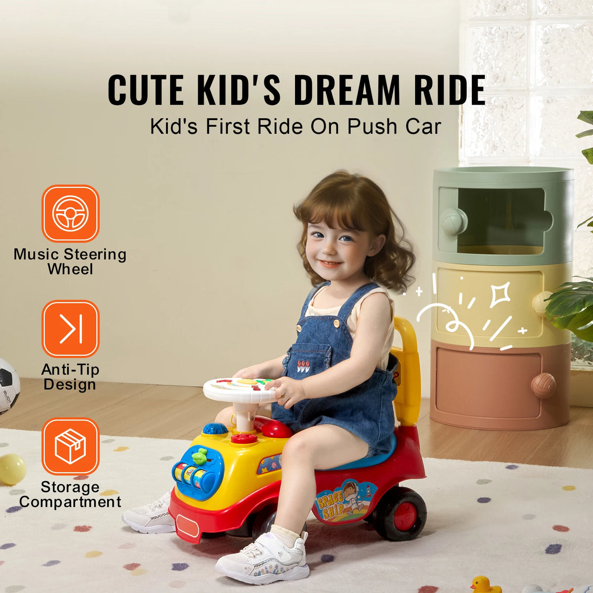 Toddler Ride-On Push Car with Music, Steering Wheel and Under-Seat Storage