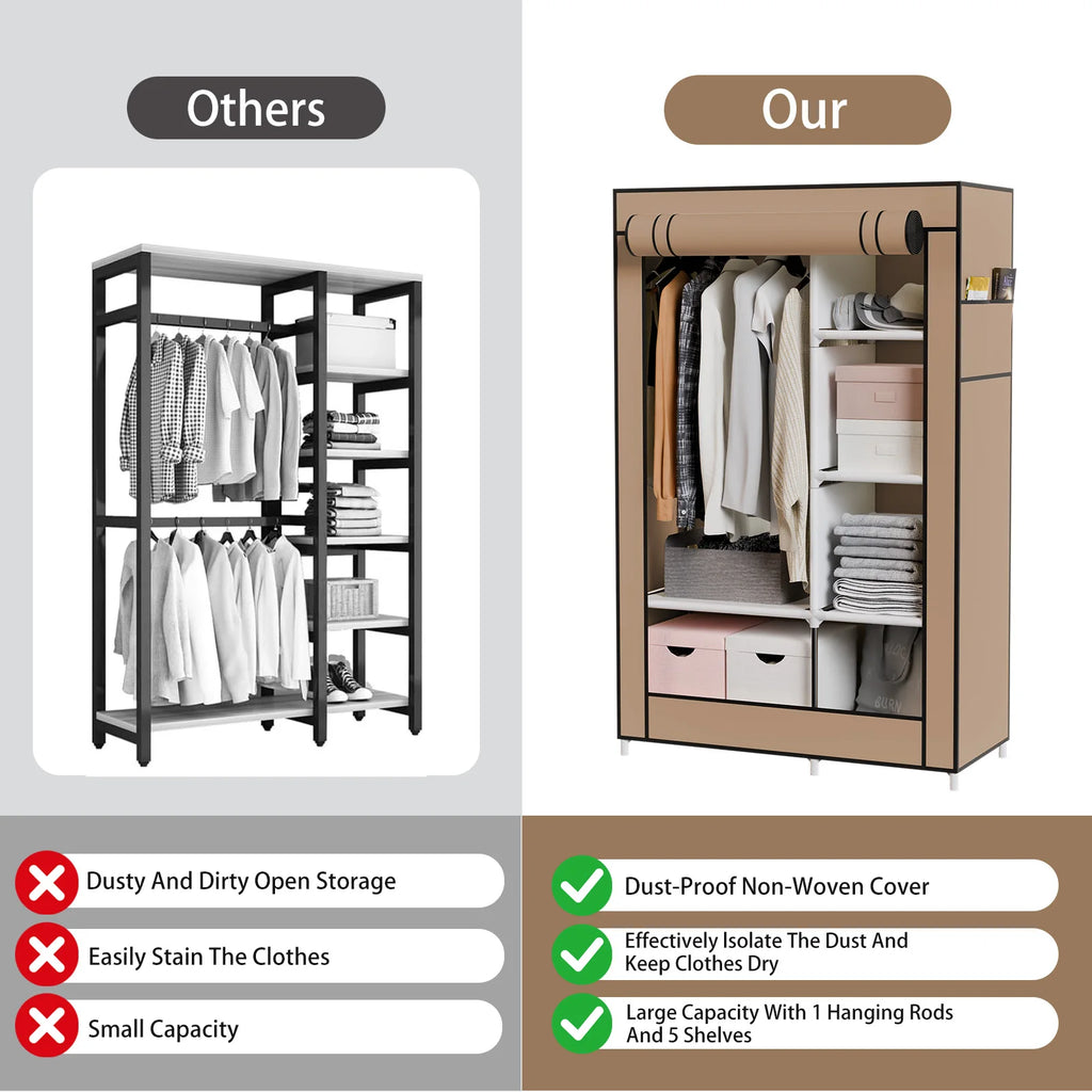 Portable Closet Wardrobe Organizer with 6 Shelves and Hanging Rod