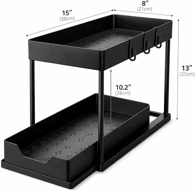 2 Tier Sliding Under Sink Organizer with 5 Side Hooks and 3 Detachable Hanging Baskets,Pull Out Rustproof Metal Storage Rack,Tool Free Assembly