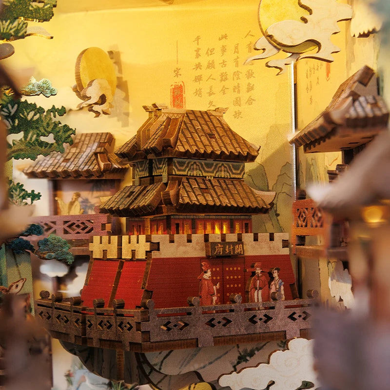 CUTEBEE Antiquity Book Nook Chinese Style Doll House Kit with Touch Light Dust Cover Bookshelf Insert Toy Su Dongpo's Life